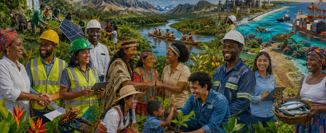 Ingenieros, comunidades indígenas, afrodescendientes y raizales trabajando en armonía entre montañas, ríos, selva y costa colombiana