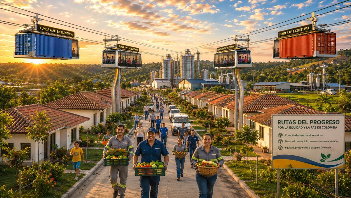 Sistema de transporte Celestavia sobre la comunidad de FUNDA A AFI, Rutas del Progreso por la Equidad y la Paz de Colombia