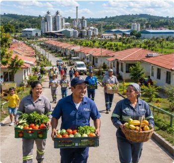 Comunidad de vivienda construida por FUNDA A AFI, con familias llevando productos agrícolas frescos